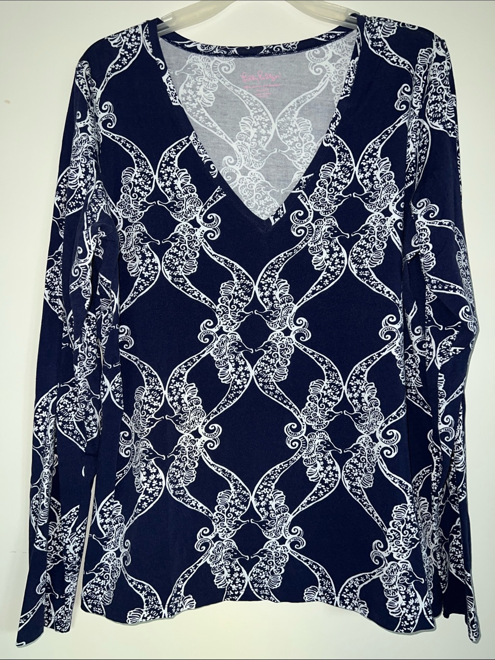 Lilly Pulitzer Navy and White V-Neck Long Sleeve Top shirt mermaids sea fish xL